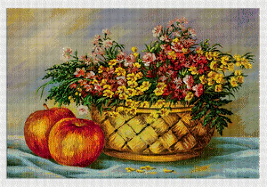 Натюрморт - натюрморт, цветы, фрукты - предпросмотр