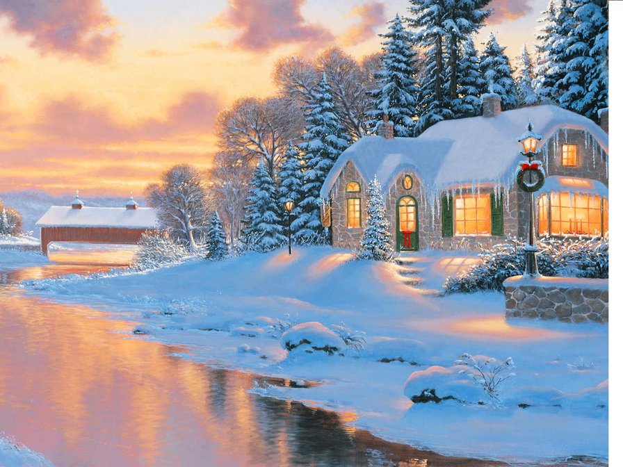 зима - снег, пейзаж, лес, закат, зима, дом, вода - оригинал