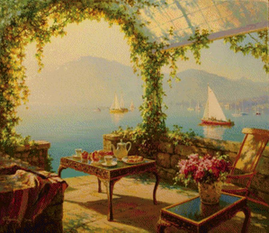 вид на море - вечер, ужин, живопись, море - предпросмотр