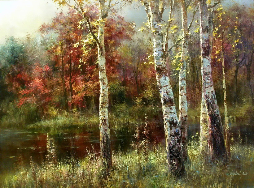 русские берёзы - живопись, лес, пейзаж, озеро, дерево, береза, осень - оригинал
