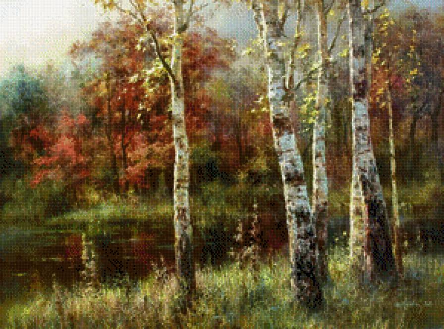 русские берёзы - дерево, живопись, озеро, осень, береза, лес, пейзаж - предпросмотр