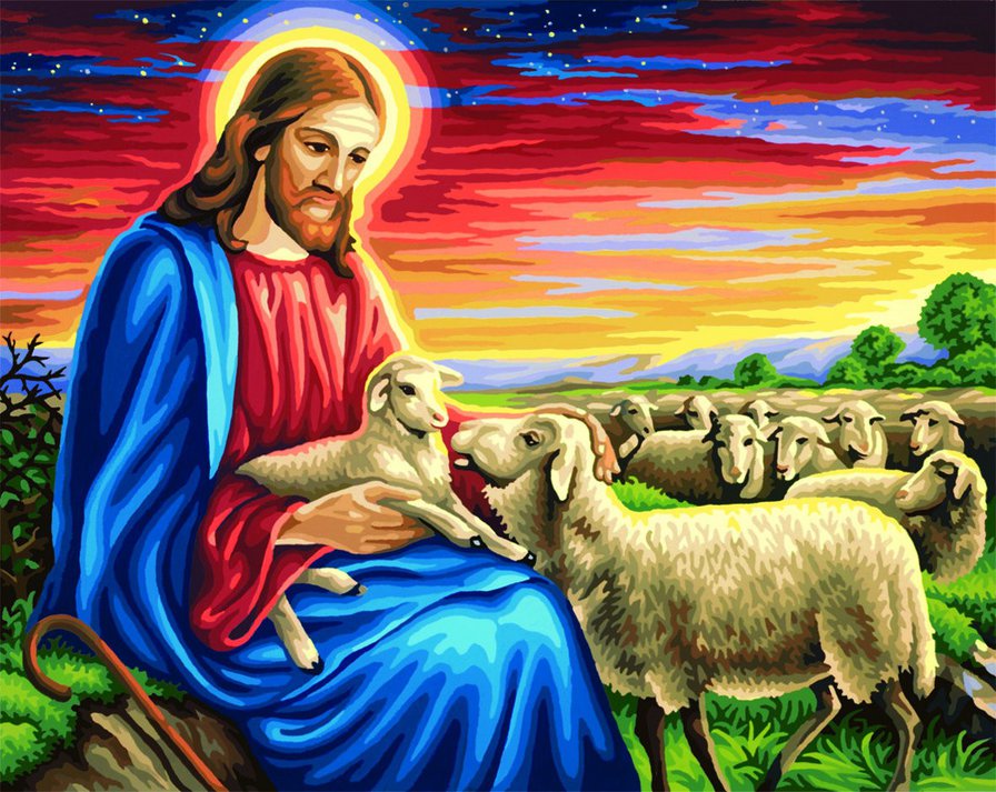 Иисус с овечками - животные, бог, иисус, религия - оригинал