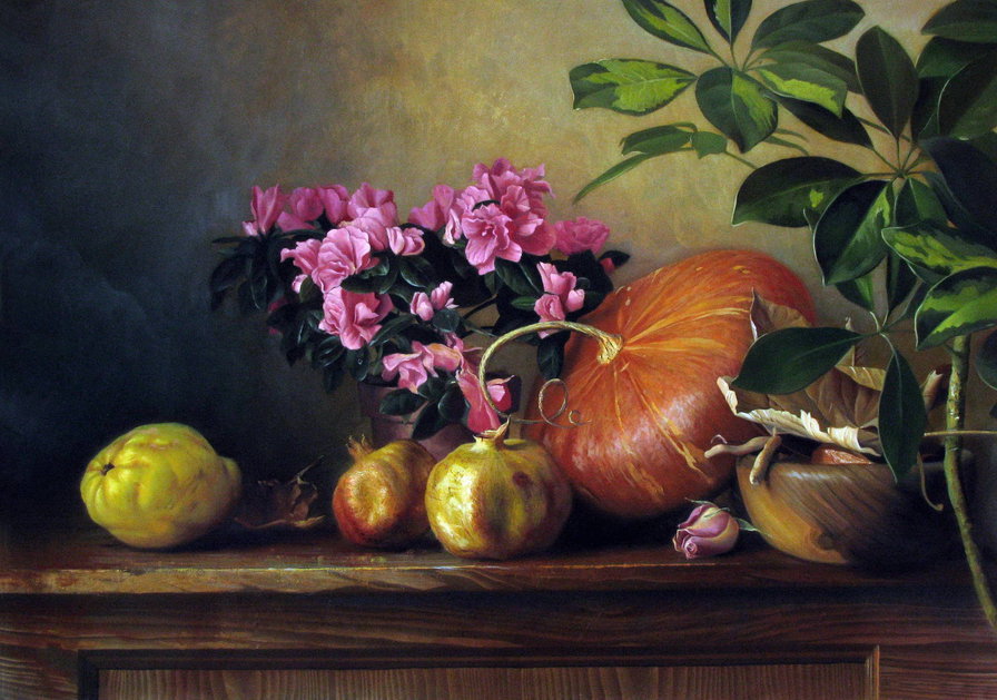 Натюрморт - живопись, кухня, цветы, тыква, натюрморт - оригинал