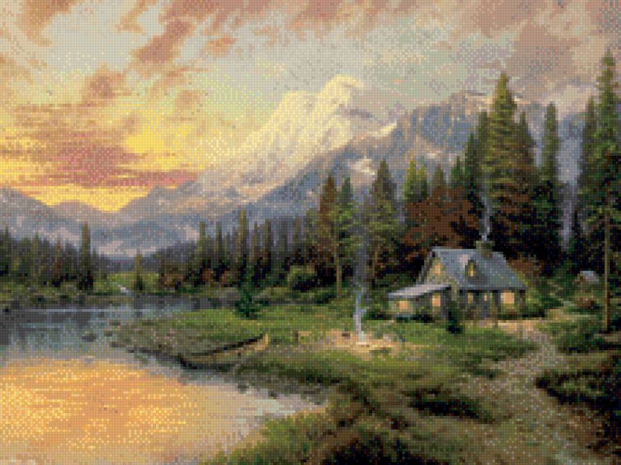 у подножия гор - красота, горы, лес, закат, дом, речка - предпросмотр