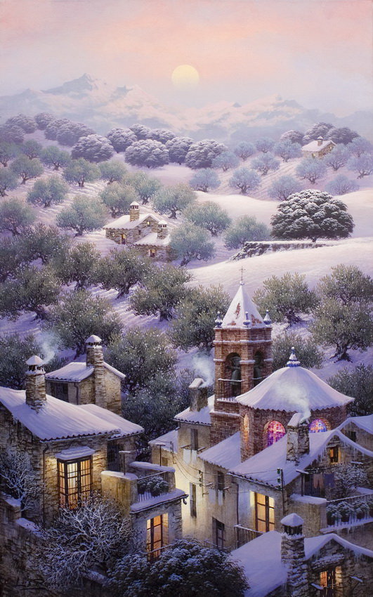 зимнй вечер - картина, пейзаж - оригинал