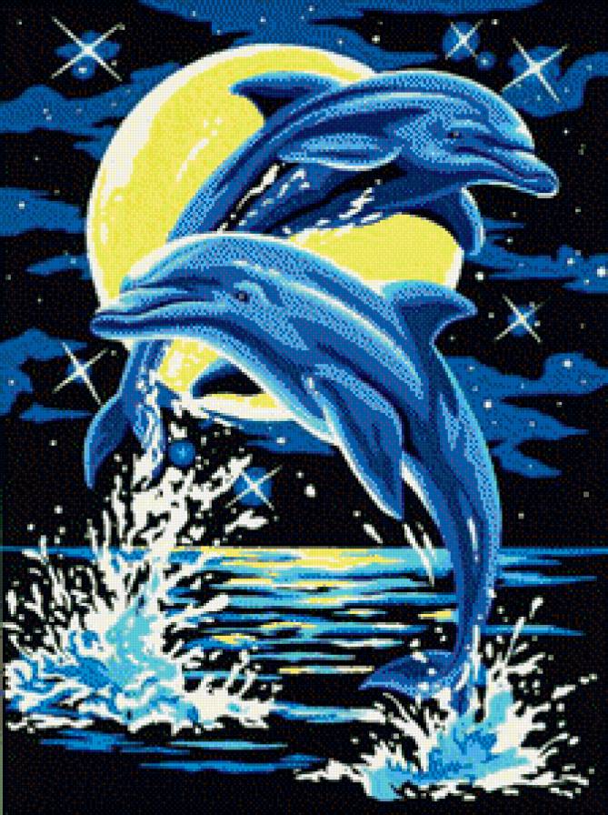 Дельфины на фоне луны - дельфин, морской пейзаж, море, пейзаж - предпросмотр