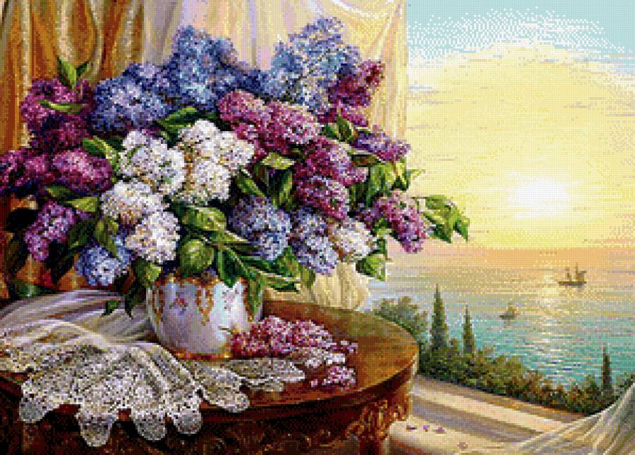 Сиреневое утро - цветы, море, восход, утро, сирень - предпросмотр