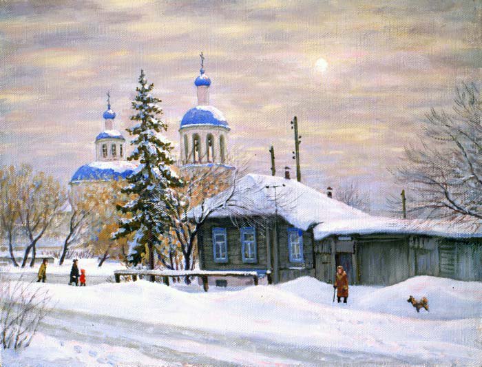 Зима в деревне - природа, зима, церковь, пейзаж, деревня - оригинал
