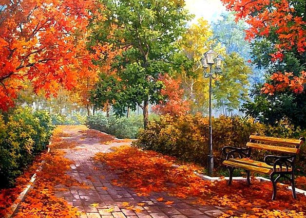 Осенняя аллея - скамейка, пейзаж, осень, фонари, аллея, парк - оригинал