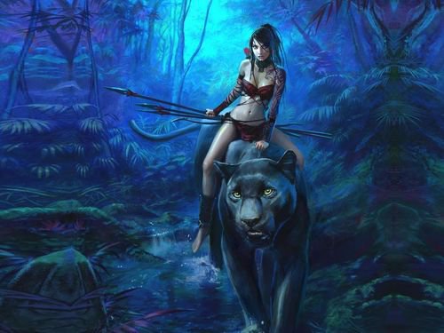 девушка на пантере - лес, фэнтези, кошка, девушка, пантера, животные - оригинал