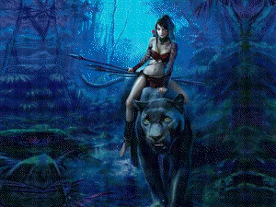 девушка на пантере - фэнтези, девушка, лес, животные, пантера, кошка - предпросмотр