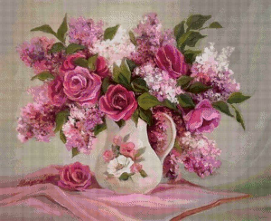 Розы и сирень - розы, ваза, сирень, цветы - предпросмотр