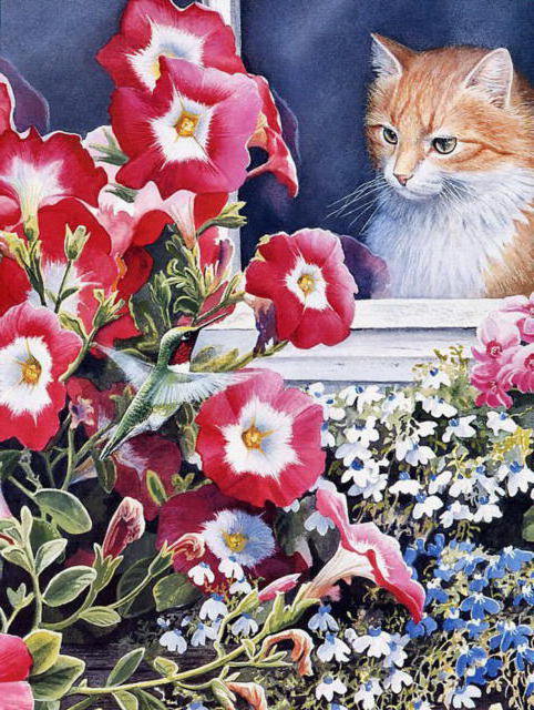 ты кто? - окно, цветы, котики, птички - оригинал