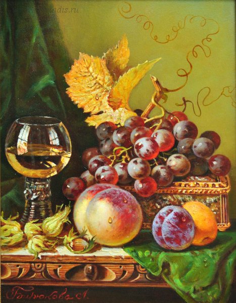 Натюрморт - бокал вина, натюрморт, фрукты - оригинал