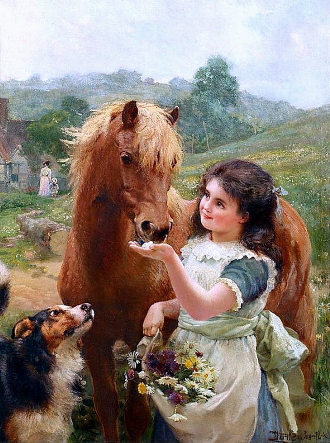друзья - собака, дети, лошадь, картина, конь, друзья, пейзаж, девочка - оригинал