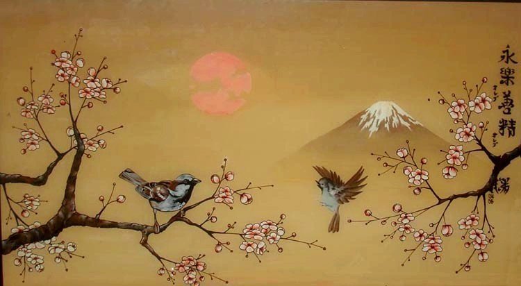 птицы на весеннем дереве - весна, цвет, птица, сакура, япония, фудзияма - оригинал