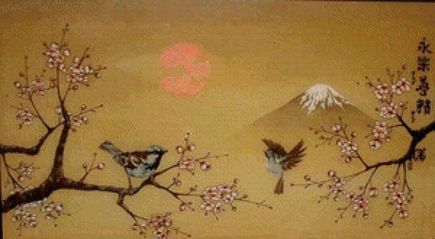 птицы на весеннем дереве - цвет, птица, весна, фудзияма, сакура, япония - предпросмотр
