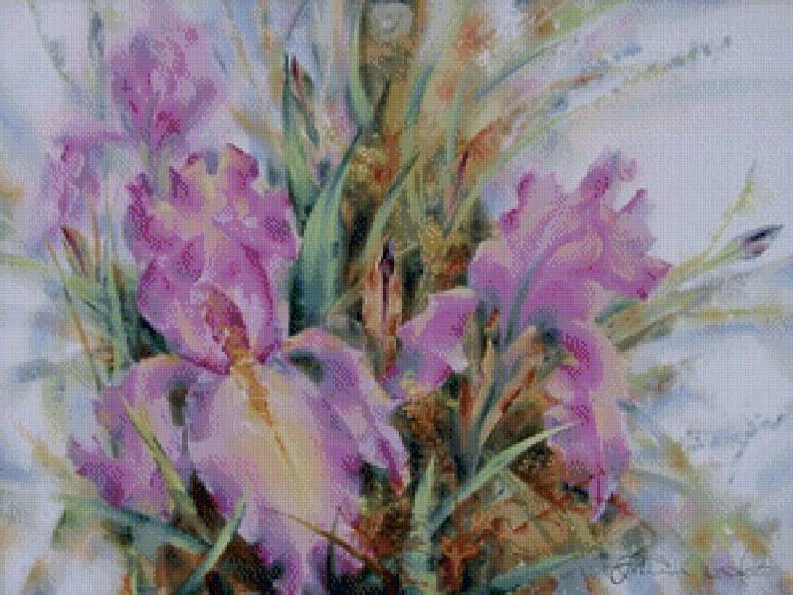 ирисы - букет, акварель, цветы, ирисы - предпросмотр