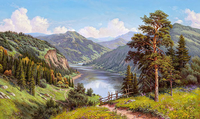пейзаж - река, природа, лето, горы, пейзаж - оригинал