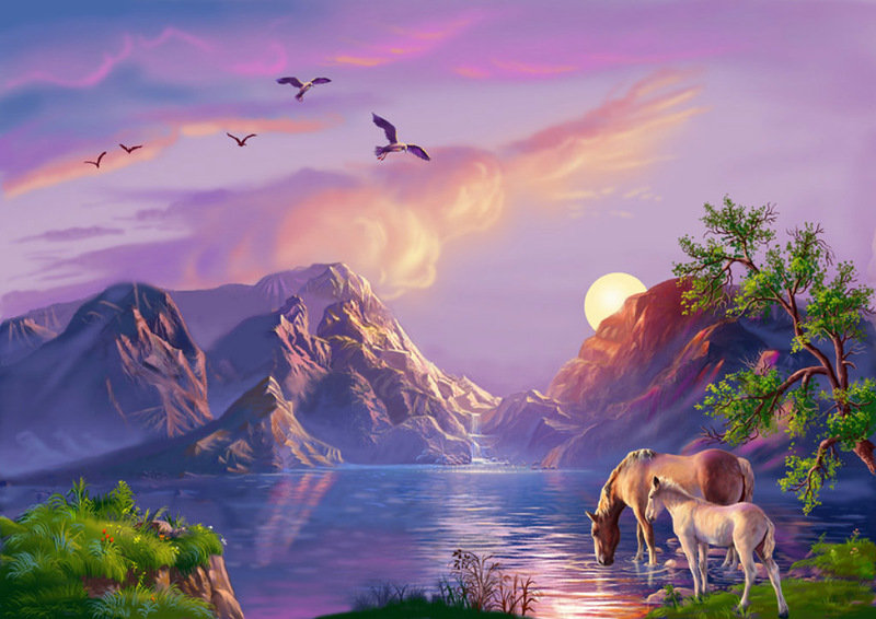 закат - природа, закат, пейзаж, река, кони, горы - оригинал