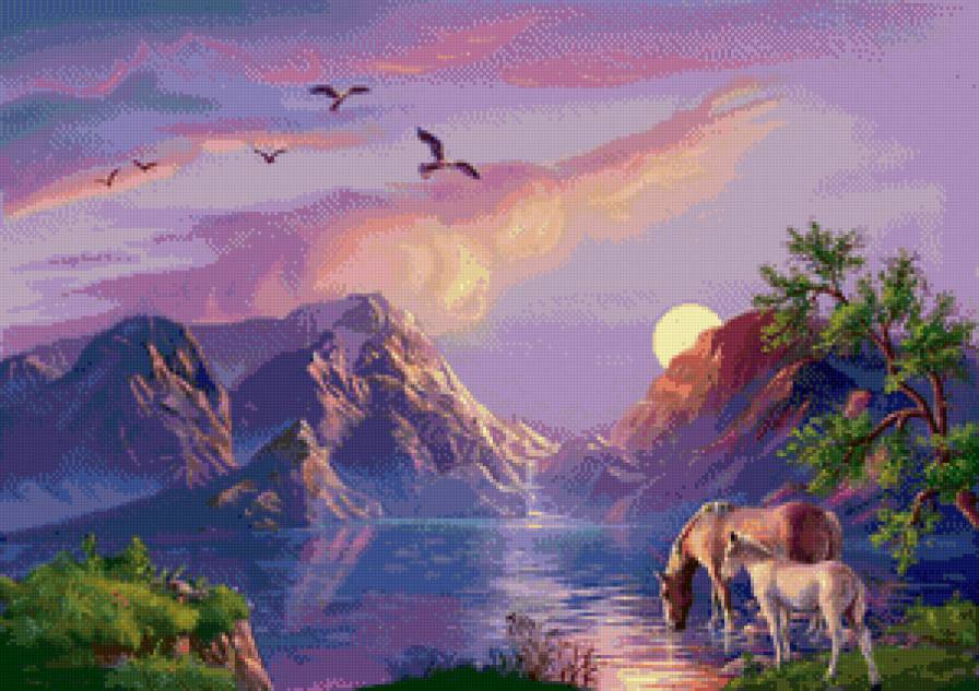 закат - река, закат, горы, пейзаж, кони, природа - предпросмотр