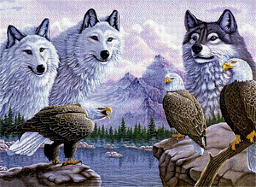 Обитатели гор - орлы, горы, птицы, пейзаж, волки, животные - предпросмотр