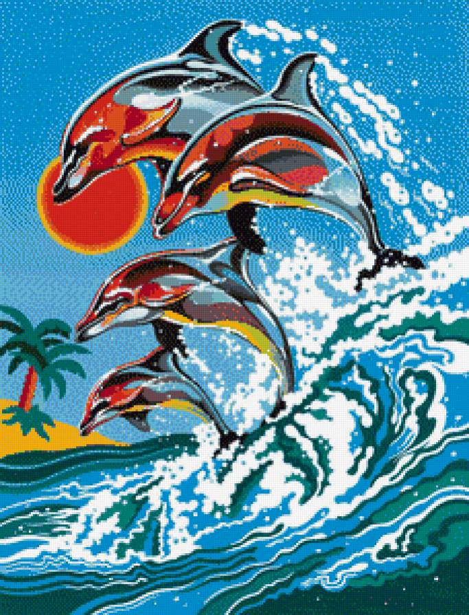 Игривые дельфины - море, дельфин, морской пейзаж, пейзаж - предпросмотр