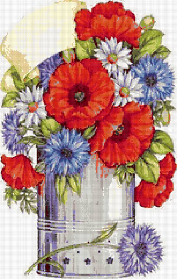 букет цветов - ромашки, васильки, букет, маки, ведерко - предпросмотр