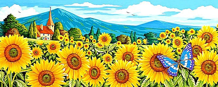 Подсолнухи - бабочка, подсолнухи, пейзаж, цветы - оригинал