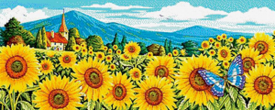 Подсолнухи - подсолнухи, бабочка, цветы, пейзаж - предпросмотр