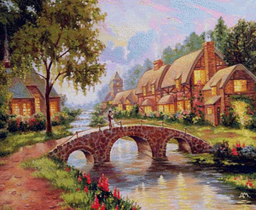 Свидание на мосту - мостик, свидание, река, домики, двое, любовь, ночь - предпросмотр