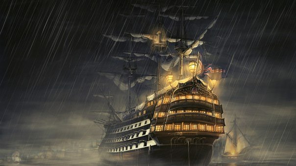 каравелла - ночь, каравелла, корабль, живопись, шторм, море - оригинал