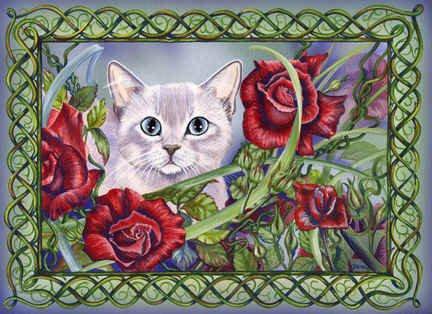кошачий портрет - котики, портрет, цветы - оригинал