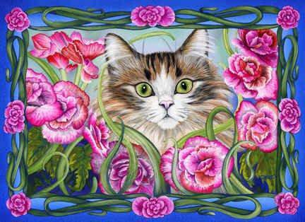 кошачий портрет - котики, портрет, цветы - оригинал
