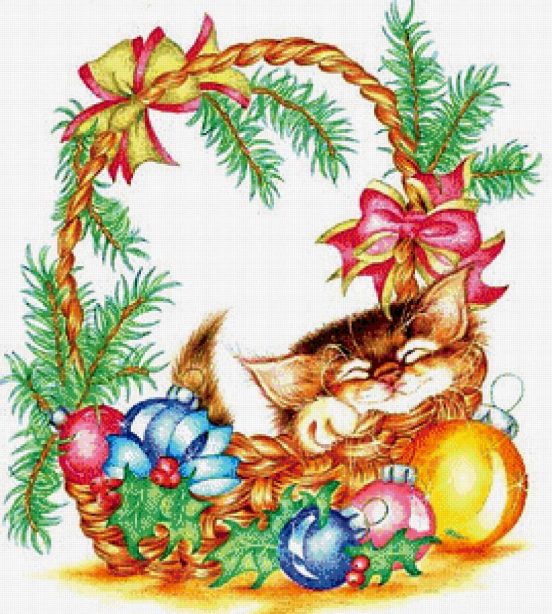 Котёнок в корзинке - шарики, бантик, животные, елочка, корзинка, котята - предпросмотр