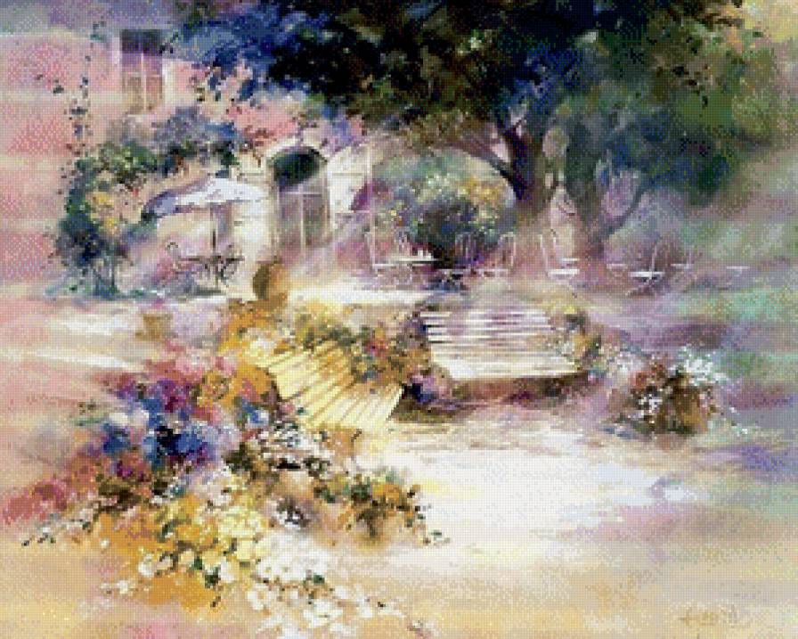 в тени дерева - дерево, цветы, живопись, жара, лето, пейзаж - предпросмотр