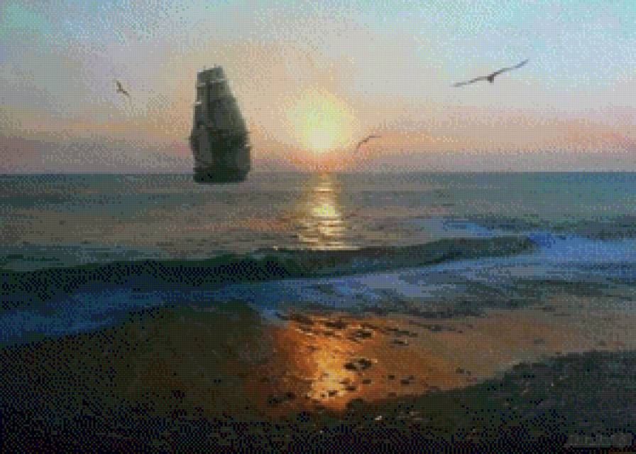 закат на море - корабль, закат, солнце, море, лето - предпросмотр