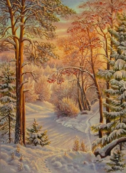 утро в лесу - лес, пейзаж, тропинка, зима, деревья, утро, снег, рябина - оригинал