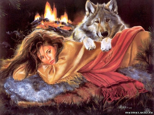 Девушка и волк - женщина, волк, девушка - оригинал