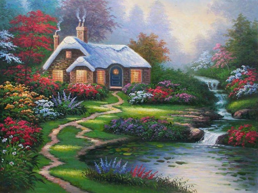 домик мечта - пейзаж, цветы, домик - оригинал