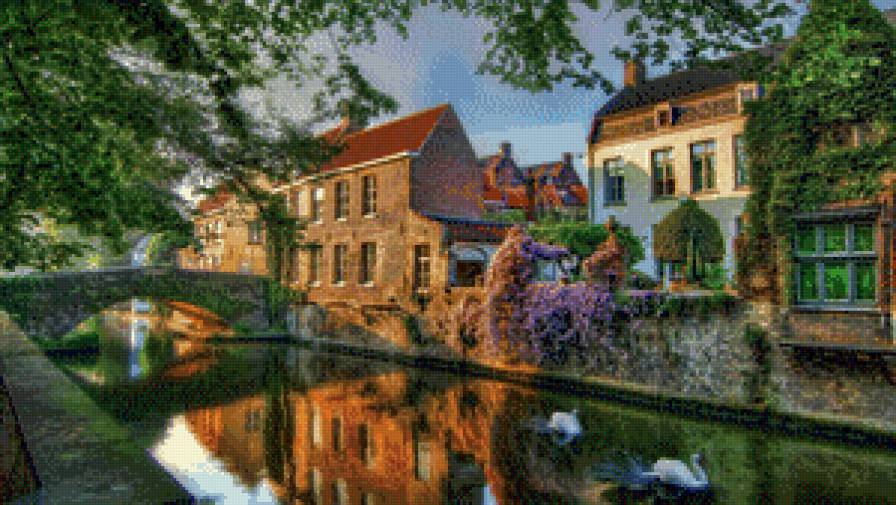 пейзаж - пейзаж, город, природа, мост, цветы, лебеди - предпросмотр