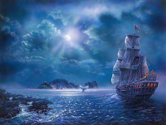 парусник ночью - корабль, море, ночь - оригинал