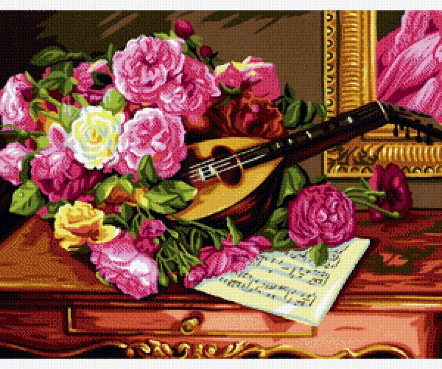 Музыкальный натюрморт - натюрморт, ноты, цветы - предпросмотр