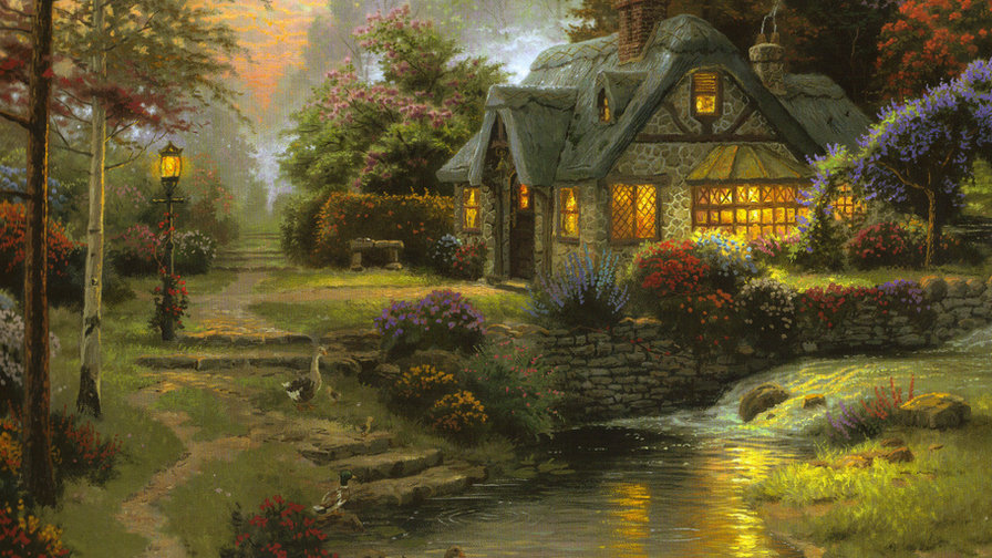 томас кинкейд 1 домик в лесу - ночь, картина, лес, домик, природа, томас кинкейд, река, пейзаж - оригинал