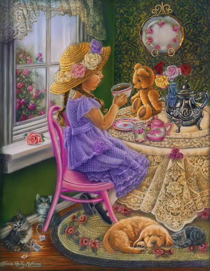 триша райли-матеус 2 девочка у столика - котята, картина, триша райли матеус, дети, кукла, девочка, щенок - оригинал