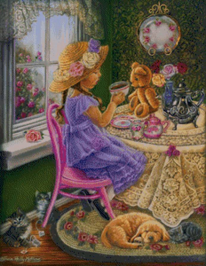 триша райли-матеус 2 девочка у столика - дети, котята, кукла, щенок, девочка, картина, триша райли матеус - предпросмотр