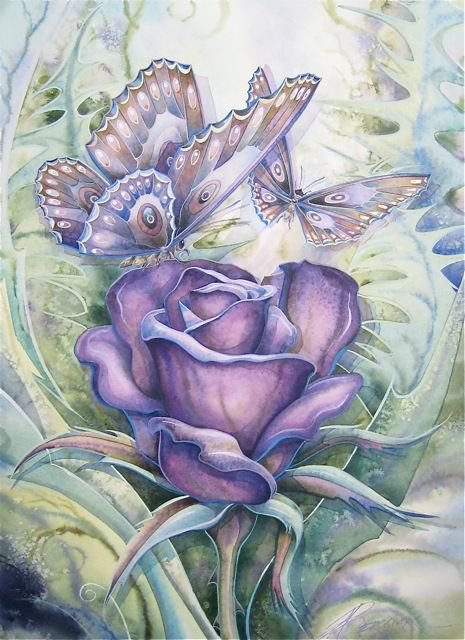 бабочки на цветке розы - картина цветы - оригинал