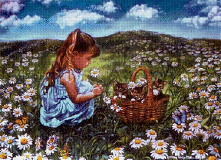 триша райли-матеус 3 девочка на лугу - картина, дети, котята, девочка, триша райли матеус - предпросмотр
