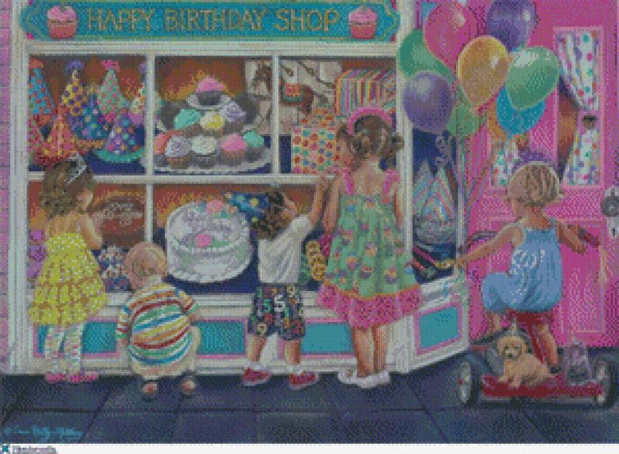 триша райли матеус 4 дети возле магазина подарков - дети, девочка, кдети, игрушки, картина, триша райли матеус - предпросмотр