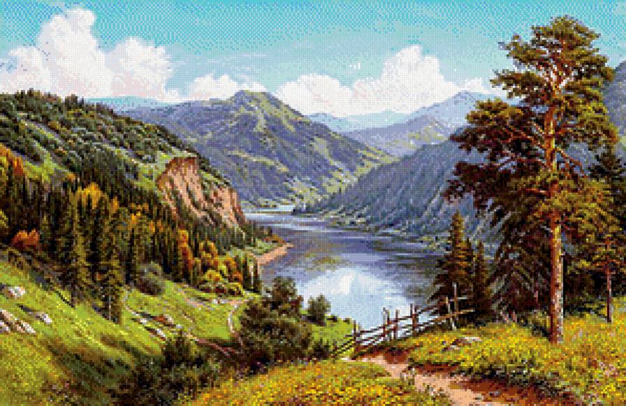 Горная долина - горы, долина, река, пейзаж, сосны - предпросмотр